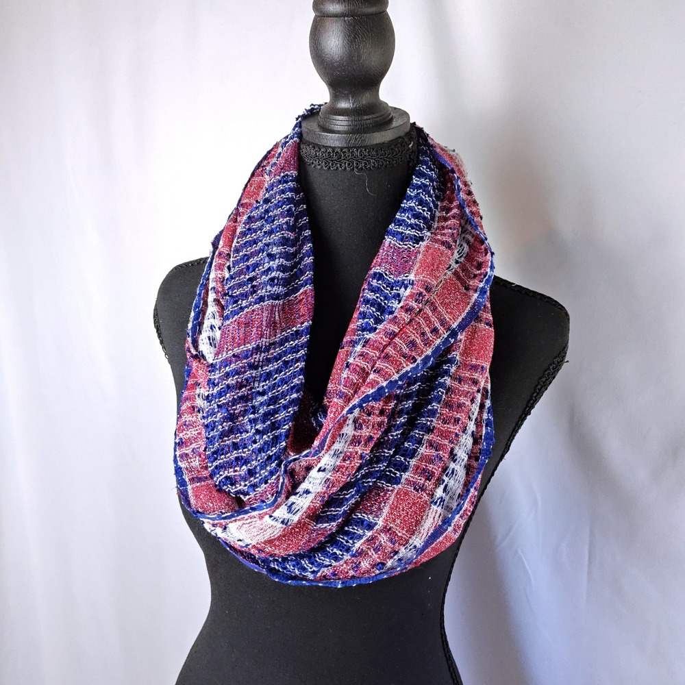 Patriotic Infinity Scarf Red White Blue Metallic Lightweight Open Weave Loop‎